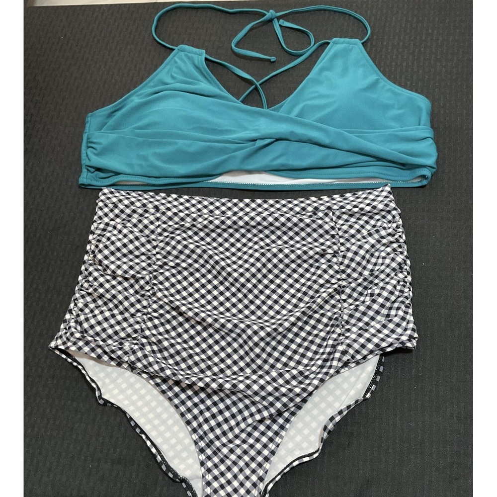Bikini Set Womens 3XL Teal Top Gingham High Waist Tummy Control 2 Piece‎ RETRO